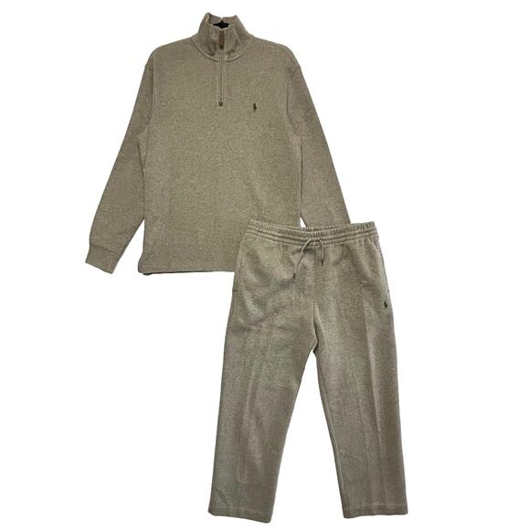Polo Ralph Lauren Sweatsuit Set Top+Bottoms Men's Sz S/M Beige 1/4 Zip Cozy Knit - Picture 1 of 7